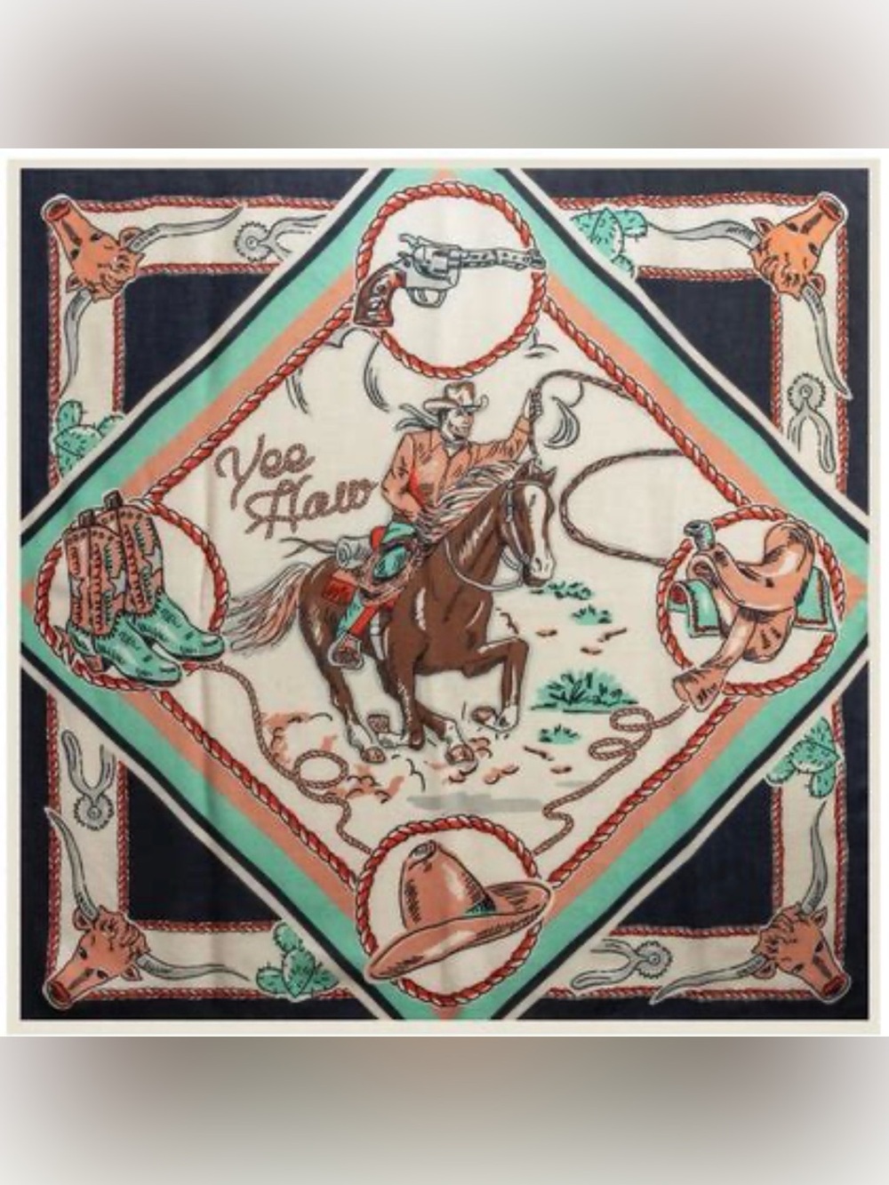 Double D Ranch Cowboy Rodeo Silk Scarf in Mint, Coral, Brown
